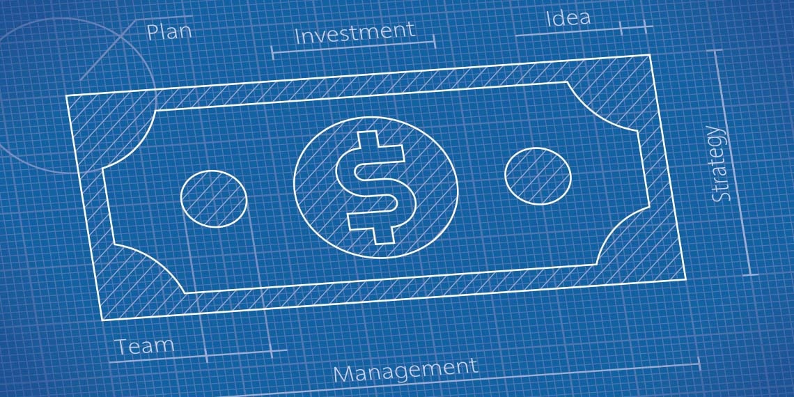 Drawing of a dollar bill as a blue print.