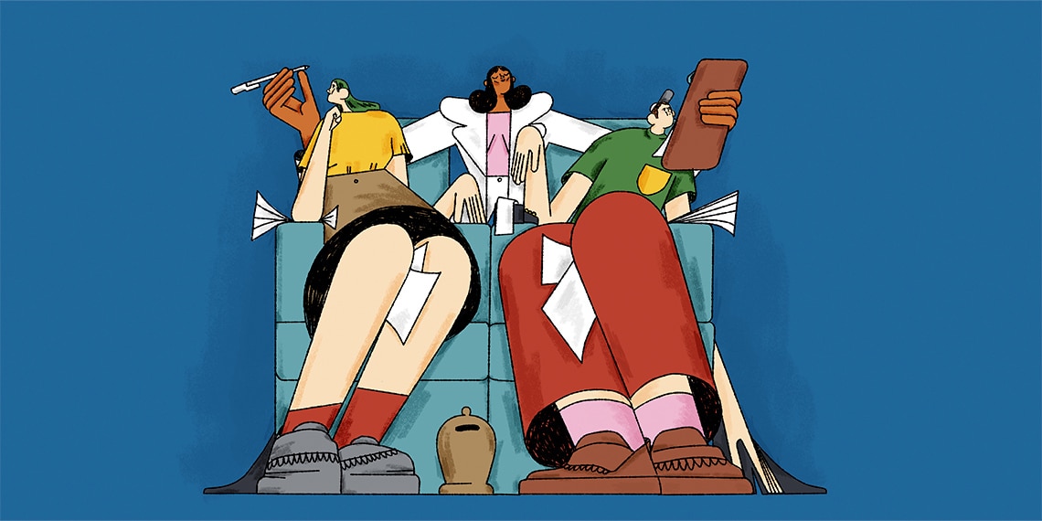 Illustration of couple sitting on couches facing away from each other with a financial therapist between them both.